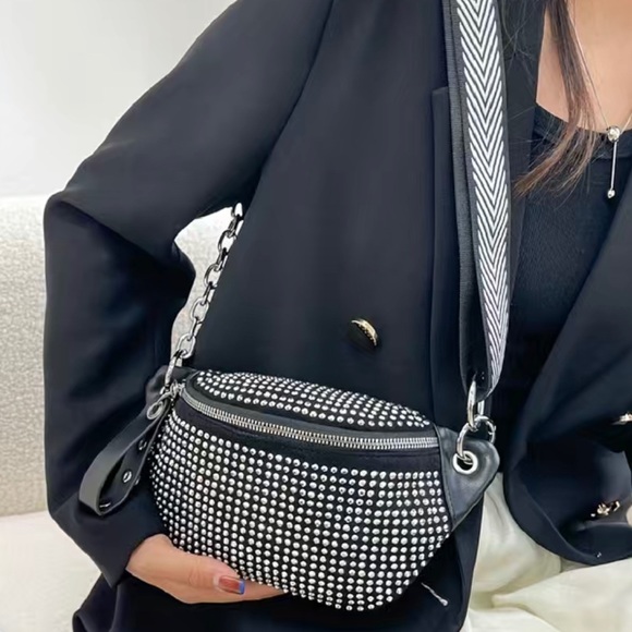 Boutique Handbags - Women’s Black & Silver Studded Crossbody/Waist Bag